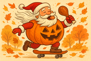 santa claus dressed up as a pumpkin eating a turkey leg riding a skateboard